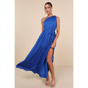 Lulus Goddess Aura Cobalt Blue Satin One-shoulder Maxi Dress - Size XXL